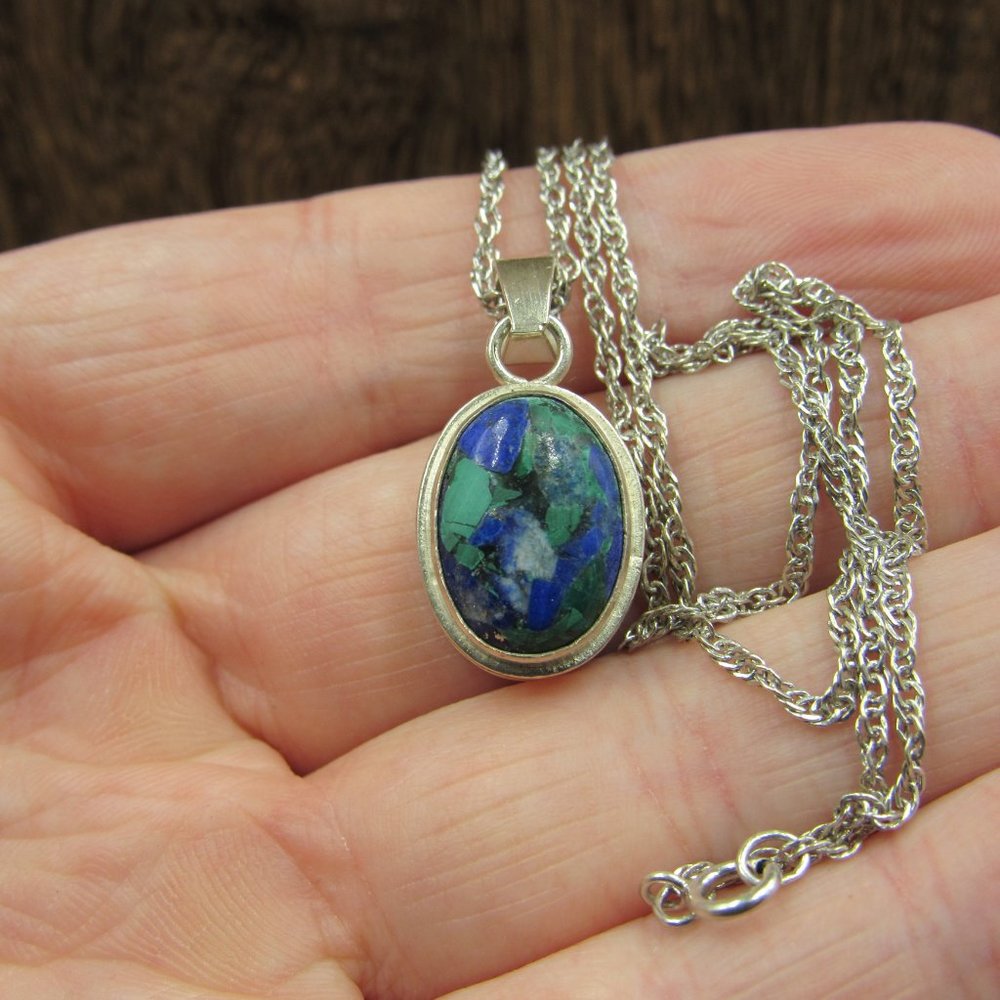 18" Sterling Blue Green Stone Ornate Necklace - Picture 2 of 7